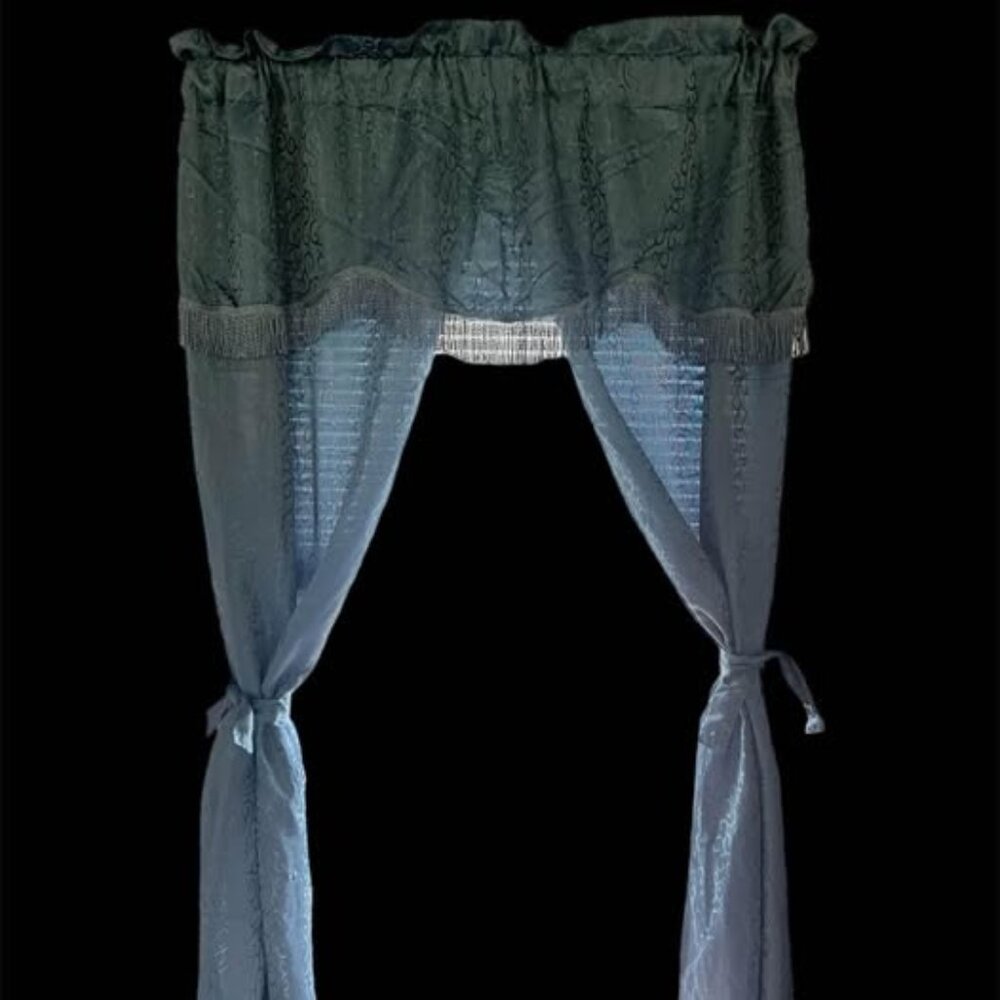 2 Blue One Piece Window Curtains w/ 4 Tie Backs